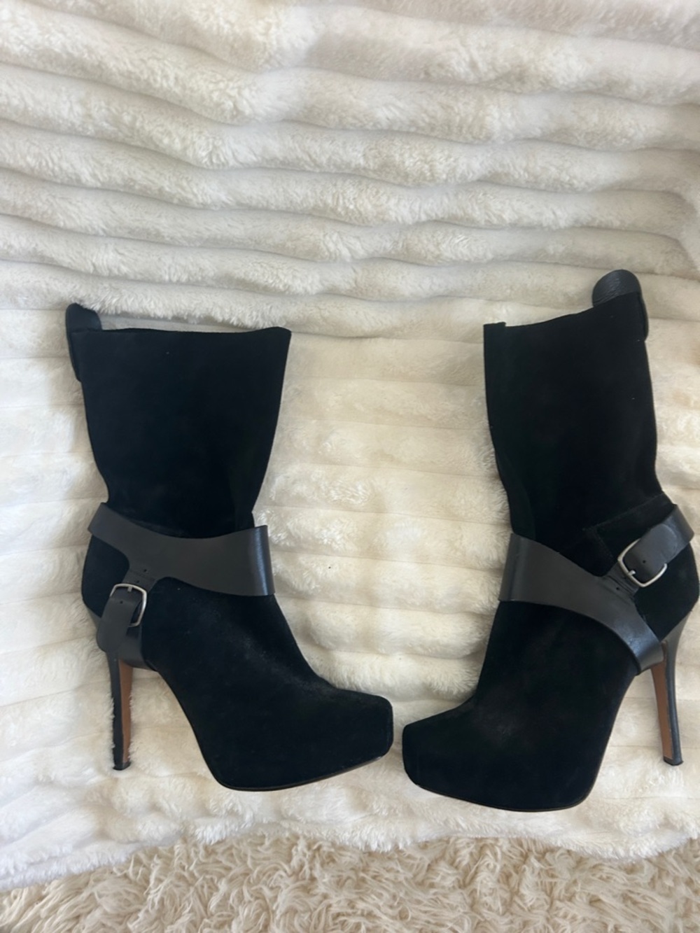 Black Suede High-Heel Ankle Boots with removable buckle strap size 9